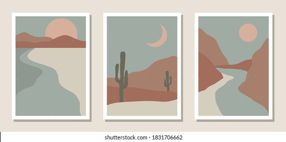 Set of abstract modern trendy illustrations of landscapes. Sun, moon, sea, mountains. Pastel colors. Design for cover, wallpaper, background, wall decor, poster, card, banner, stories, social media