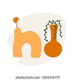 Set of abstract modern vases in boho and hygge style. Isolated illustration of pottery