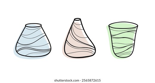 A set of abstract modern vases, flower pots, hand-painted, isolated on a white background. A collection of decorative jugs, a linear pattern with a colored background in the background