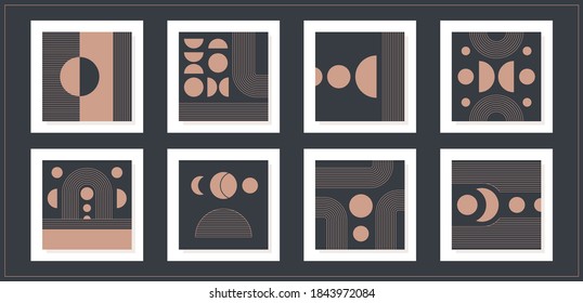 Set of Abstract modern Vector Backgrounds. Circles, Lines, Curves. Geometrical Design. Minimalistic boho elegant concept. Square Patterns. Every poster is isolated