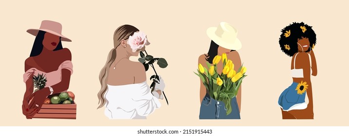 Conjunto de abstracta ilustración vectorial moderna de chicas hermosas de diferentes razas con flores. Mujeres jóvenes atractivas de estilo boho con diferentes tonos de piel y ropa de verano y sombreros. 