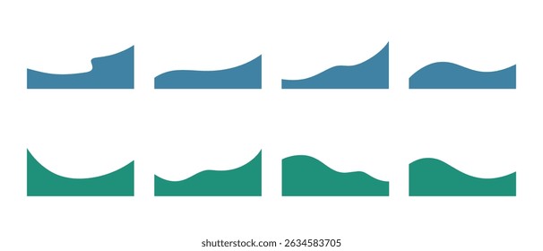 A set of abstract modern wavy shapes of the bottom dividers, different bends for the page title, banner, website, application, vector illustration. Graphic design elements, icons, frames, background