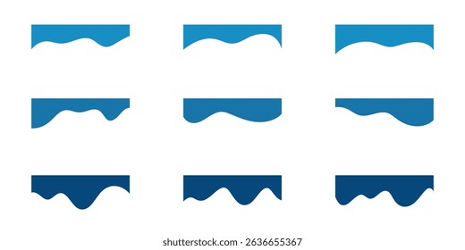 Un conjunto de Formas onduladas modernas abstractas de divisores, diferentes curvas superiores para el título de la página, Anuncio, Sitio web, aplicación, Ilustración vectorial. Elementos de Diseño gráfico, iconos, marcos, fondo