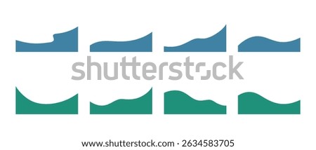 A set of abstract modern wavy shapes of the bottom dividers, different bends for the page title, banner, website, application, vector illustration. Graphic design elements, icons, frames, background