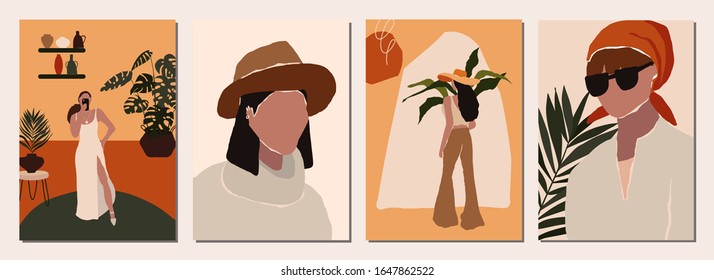 Set of abstract modern woman people faces portraits artistic trendy background templates poster cards. Trendy art minimal background poster wall art print. Vector illustration in hand drawn flat style