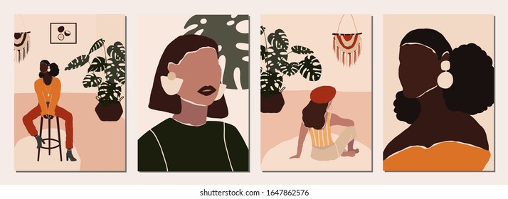 Set of abstract modern woman people faces portraits artistic trendy background templates poster cards. Trendy art minimal background poster wall art print. Vector illustration in hand drawn flat style