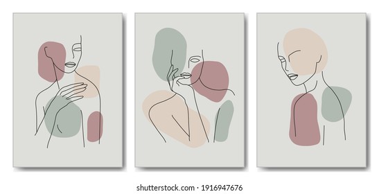 Set of abstract modern women portraits. Female faces, organic shapes. Pastel colors. Hand drawn style. Design for wall decor, print, card, wallpaper, fashion, social media, banner. Vector illustration