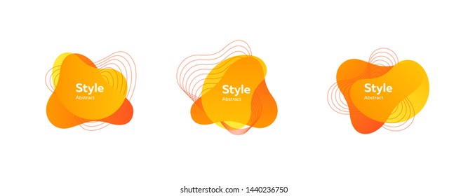 Set of abstract modern yellow and orange graphic elements. Dynamical colored forms and line. Gradient abstract banners with flowing liquid shapes. Template for logo, flyer, presentation design. Vector