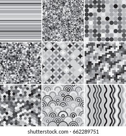 Set of abstract monochrome background, 9 geometric pattern, vector illustration. Texture can be used for printing onto fabric and paper.