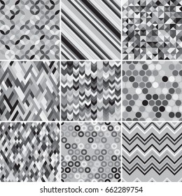 Set of abstract monochrome background, 9 geometric pattern, vector illustration. Texture can be used for printing onto fabric and paper.
