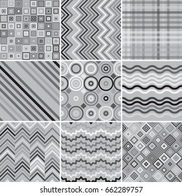 Set of abstract monochrome background, 9 geometric pattern, vector illustration. Texture can be used for printing onto fabric and paper.