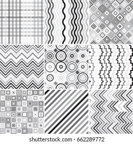 Set of abstract monochrome background, 9 geometric pattern, vector illustration. Texture can be used for printing onto fabric and paper.