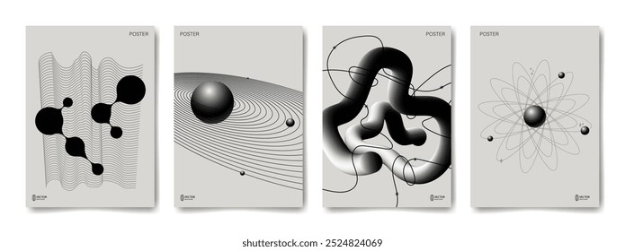 Conjunto de modelos monocromáticos abstratos de cartazes, fundos. Design minimalista criativo com linha, forma abstrata e padrão, elementos de gradiente. Ilustração vetorial, colagem. Espaço, tecnologia.