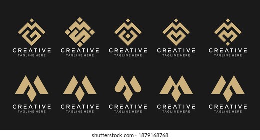 Set of abstract monogram initial M logo template. icons for business of fashion, sport, pixel, technology.