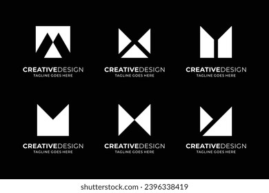 set of abstract monogram letter M stylized white color and black background