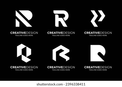 set of abstract monogram letter R stylized white color and black background