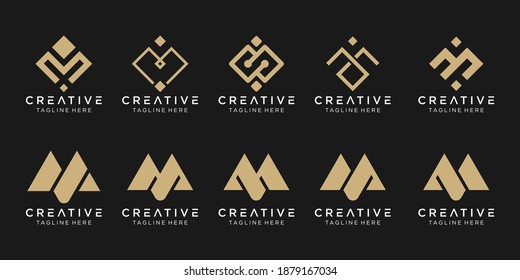 Set of abstract monogram M logo template. icons for business of fashion, sport, pixel, technology.