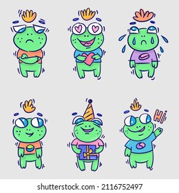 Set of abstract monsters creature frog showing different emotions. Hand drawn trendy creatures with different emotions. Cute stickers with emotional animals.