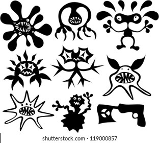 set of abstract monsters and gun