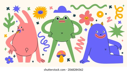 Set of abstract monsters showing different emotions. Hand drawn trendy creatures in different poses. Isolated shapes, doodle elements and lines. Cute stickers with mythical animals. 