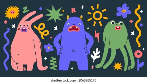 Set of abstract monsters showing different emotions. Hand drawn trendy creatures in different poses. Isolated shapes, doodle elements and lines. Cute stickers with mythical animals. 