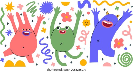 Set of abstract monsters showing different emotions. Hand drawn trendy creatures in different poses. Isolated shapes, doodle elements and lines. Cute stickers with mythical animals. 