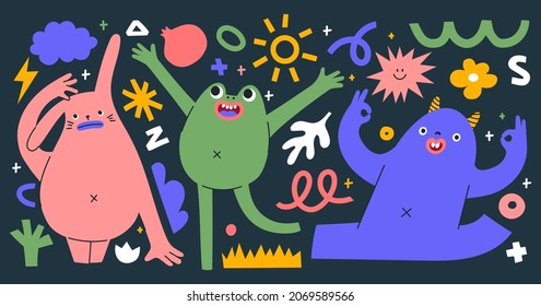 Set of abstract monsters showing different emotions. Hand drawn trendy creatures in different poses. Isolated shapes, doodle elements and lines. Cute stickers with mythical animals. 