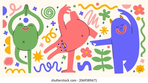 Set of abstract monsters showing different emotions. Hand drawn trendy creatures in different poses. Isolated shapes, doodle elements and lines. Cute stickers with mythical animals. 