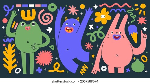 Set of abstract monsters showing different emotions. Hand drawn trendy creatures in different poses. Isolated shapes, doodle elements and lines. Cute stickers with mythical animals. 