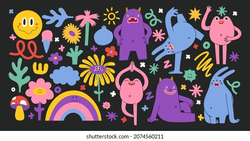 Set of abstract monsters showing different emotions. Hand drawn trendy creatures in different poses. Isolated shapes, doodle elements and lines. Cute stickers with mythical animals. 