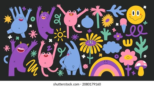 Set of abstract monsters showing different emotions. Hand drawn trendy creatures in different poses. Isolated shapes, doodle elements and lines. Cute stickers with mythical animals. 