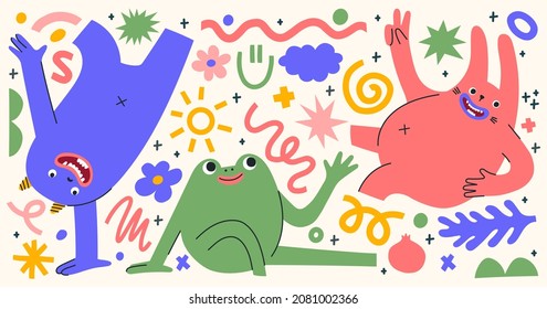 Set of abstract monsters showing different emotions. Hand drawn trendy creatures in different poses. Isolated shapes, doodle elements and lines. Cute stickers with mythical animals. 