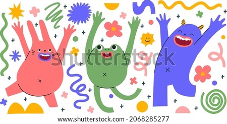 Set of abstract monsters showing different emotions. Hand drawn trendy creatures in different poses. Isolated shapes, doodle elements and lines. Cute stickers with mythical animals. 