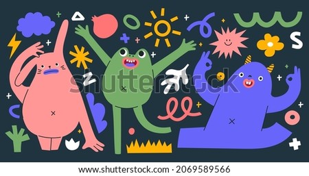 Set of abstract monsters showing different emotions. Hand drawn trendy creatures in different poses. Isolated shapes, doodle elements and lines. Cute stickers with mythical animals. 