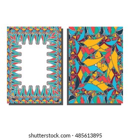 Set of abstract mosaic frame of yellow, red, blue, green geometric elements lines vector pattern.  A4 paper size