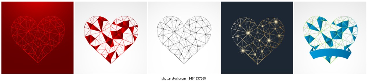 Set of Abstract mosaic hearts. Vector illustration