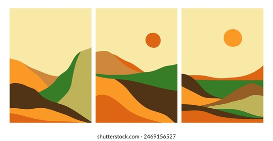 set of abstract Mountain background illustration. Mid century modern wall art. Mountain, Hills, sun. use for wallpaper, print art, poster, cover and banner