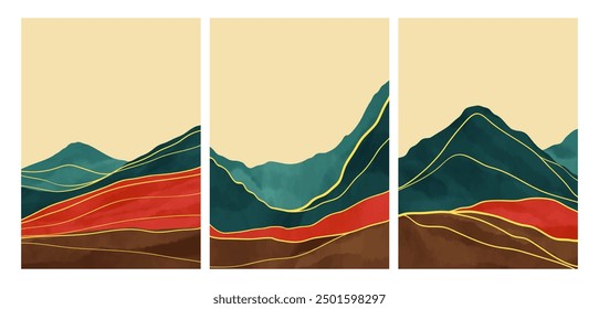 set of abstract Mountain background illustration. Mid century modern wall art. Mountain, Hills and line art. use for wallpaper, print art, poster, cover and banner