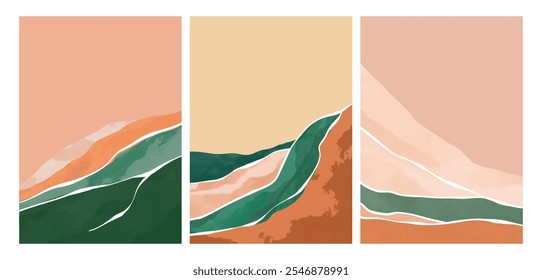 Conjunto de ilustración abstracta de fondo de montaña. Arte de pared moderno de mediados de siglo. Montaña, colinas, sol. uso para el Fondo de pantalla, arte impreso, cartel, cubierta y Anuncio