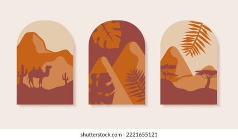 Set of abstract mountain. Collection of posters or banners for website. Art and creativity, eleagns and aesthetics. Wild landscape. Cartoon flat vector illustrations isolated on white background