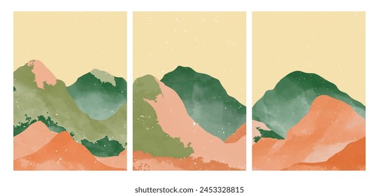 set of Abstract Mountain. creative minimalist hand painted illustrations of Mid century modern. Natural abstract landscape background. mountain, forest and sea