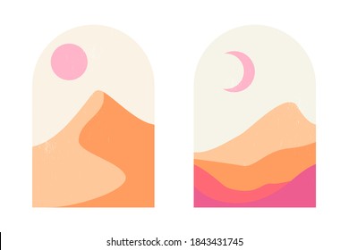 Set of abstract mountain and desert landscapes in arches in an aesthetic, minimalist mid-century style in soft pink and sand colors. Boho style landscape with sun, moon and sand dunes at sunset.