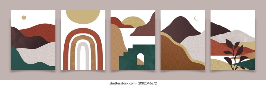 Conjunto de colección abstracta de banners de paisajes de montaña. Collage plano de moda en el estilo de arte de fondo de un paisaje natural de viajes vintage. Entorno natural, costa, colinas, dunas desérticas.