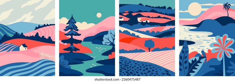 Set of abstract mountain landscape banner collection. Trendy flat collage art style backgrounds of diverse vintage travel scenery. Nature environment, coast biome, multicolor hills, desert dunes.