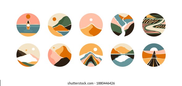 Set of abstract mountain landscape circle icon collection. Trendy flat collage art style dots of diverse travel scenery for social media story highlight. Nature environment biomes, multicolor hills.