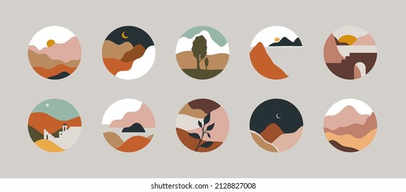 Set of abstract mountain landscape circle icon collection. Trendy flat travel art style dots, diverse earth scenery for social media story highlight. Nature environment biomes, pastel hills.