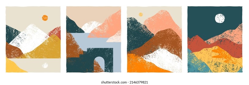 Set of abstract mountain landscape collection. Trendy hand drawn mural art backgrounds of diverse travel scenery painting. Nature environment, coast biome, multicolor hills, desert dunes. svg