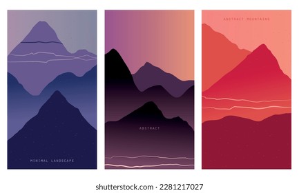 Set of abstract mountain landscape with gradient colors. Vertical minimalistic backgrounds of deep mountains perfect for Social Media and Web landing page. Vector illustration in flat style. 