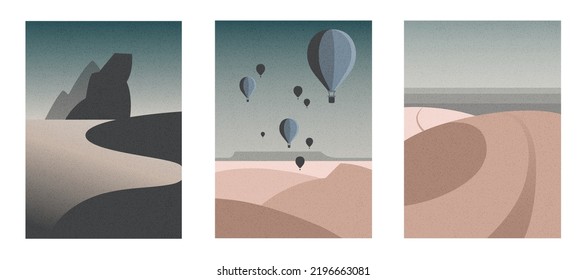 Conjunto de paisaje montañoso abstracto, entorno natural con globos de aire, bioma costero, dunas desérticas en estilo de arte plano.