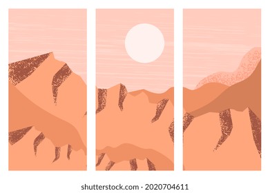 Set of abstract mountain landscape poster with full moon. Concept of geometric landscape background in scandinavian style. Flat cartoon vector illustration